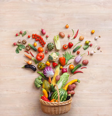 Healthy food background / studio photography of different fruits and vegetables on wooden table
