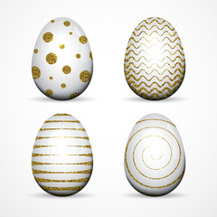 Set of white Easter eggs with gold glitter textured dots, stripes on white background.