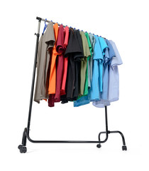 Mobile rack with clothes on white background. File contains a path to isolation. 