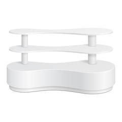 White Rounded POS POI Plastic Metaball Floor Display Rack For Supermarket Blank Empty Displays With Shelves Products On White Background Isolated. Ready For Your Design. Product Packing. Vector EPS10