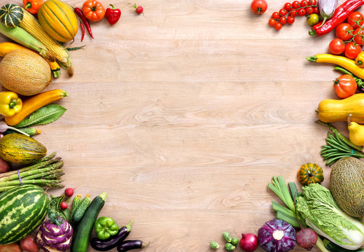 Healthy eating background. Top view with copy space / high-res product, studio photography of different vegetables on old wooden table.