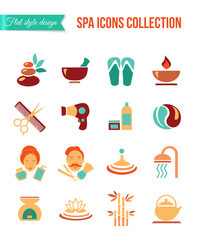 Fototapeta na wymiar Spa treatments for men and women. Set of spa and beauty flat icons. Healthcare salon, haircut, skin care, herbal therapy, cosmetics vector items for medical wellness infographics and logo design.