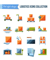 Set of delivery and logistics systems flat icons with shipment, warehouse, weighting, false documents and transportation of packages. - obrazy, fototapety, plakaty