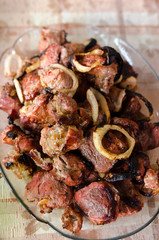 The prepared fried shish kebab on a plate