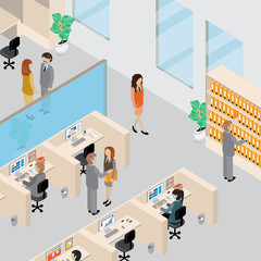 Office Interior And People 3D Isometric Concept-Vector Illustration.Manager Receives A Report From An Employee.People Collection.Abstract Office Floor Interior Departments.Full Size And Length People