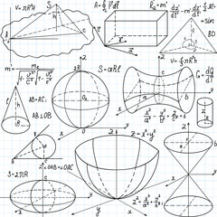 Beautiful vector seamless pattern with mathematical figures, plots and formulas, "handwritten on the copybook paper". You can use any color of background