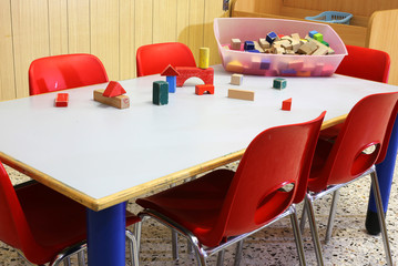 wooden toys in a nursery classroom
