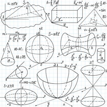 Beautiful vector seamless pattern with mathematical figures, plots and formulas, "handwritten on the copybook paper". You can use any color of background