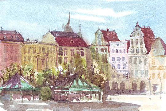houses city in Europe watercolor illustration