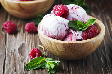 Delicious ice-cream witn mint and raspberry