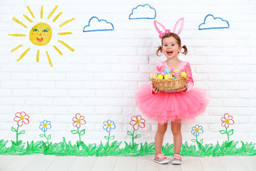 concept easter. Happy girl in costume bunny rabbit with basket o