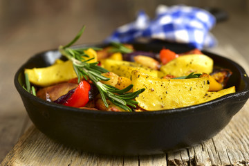 Roasted spring vegetables with rosemary and garlic.