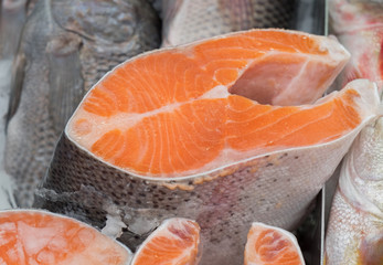 piece of frozen salmon at the city market