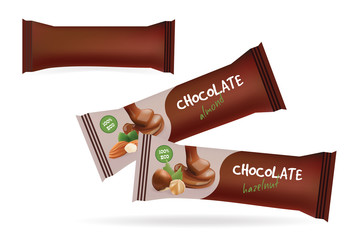 Vector Brown Blank Food Packaging For Biscuit, Wafer, Sweets, Chocolate Bar, Candy Bar, Snacks . Design Template. Chocolate Bar with Nuts Collection Templates.
