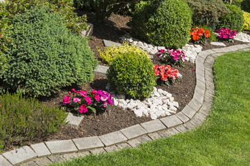 blooming flower stone garden in summer