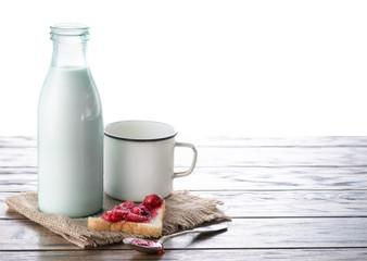 Preserves on Bread, bottle of milk and mug