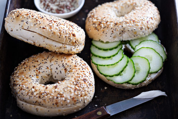 Everything bagels with cream cheese and cucumber
