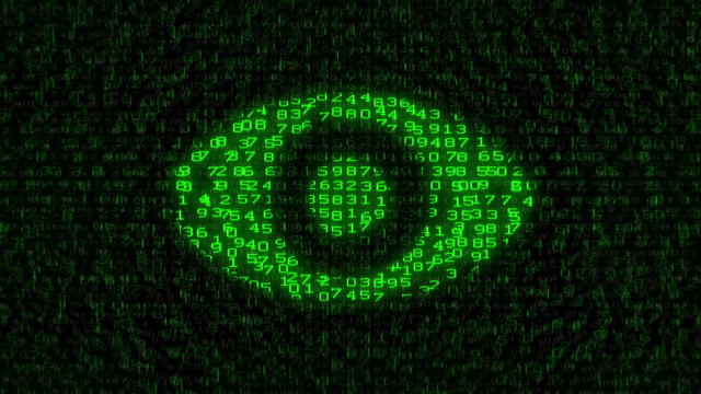 Internet Surveillance - Digital Data Code Matrix. Camera moving back from extreme close up of the monitor screen, showing big eye symbol symbol.