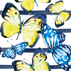 Butterflies on the striped background. Watercolor vector seamless pattern.
