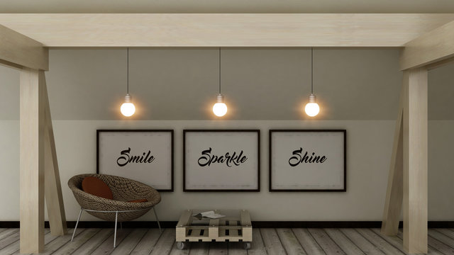 Smile, Sparkle, Shine. Life, Home, Happiness concept. Posters in frame Scandinavian style home interior decoration. 3D render
