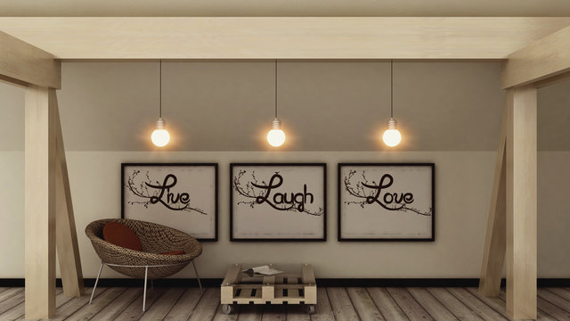 Live, Laugh, Love. Life, Home, Happiness concept. Posters in frame Scandinavian style home interior decoration. 3D render