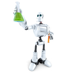 Robot scientist manipulates chemical tubes. Isolated. Contains clipping path