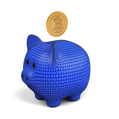 bitcoin symbol and piggy bank in digital style