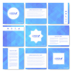Square set of brochure.  Business, science, medicine and technology design template. Cover layout . Background with blue triangles