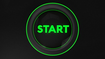 3d green glowing start button on carbon