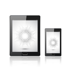 Modern digital tablet PC with mobile smartphone isolated  on the white. Molecule and communication background. Science concept. Vector Illustration