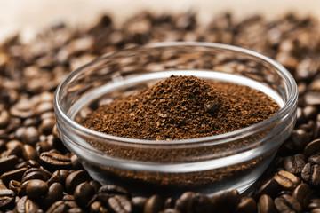 Natural ground coffee heap in transparent glass bowl on сoffee