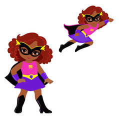 Cute Girl superhero in flight and in standing position.Vector illustration isolated on white background.