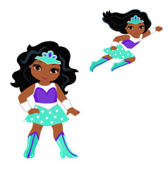 Cute Girl superhero in flight and in standing position.Vector illustration isolated on white background.