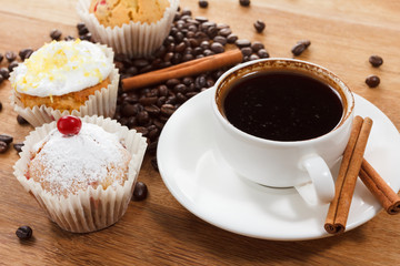 Sweet muffin and coffee. Overhead view