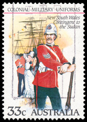 Stamp printed by Australia shows the Colonial military uniforms