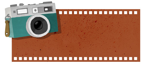 Obraz premium Cámara de fotos antigua sobre carrete. Cartel, pancarta, tablero o señal