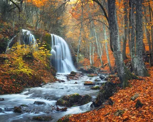 Foto op Aluminium Beautiful waterfall at mountain river in colorful autumn forest with red and orange leaves at sunset. Nature landscape © den-belitsky