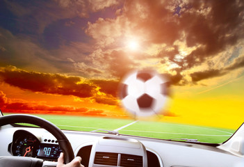 Soccer players in action on sunset stadium background panorama