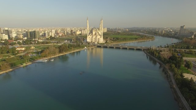 Aerial view of Adana Central Mosque and the cityscape in the morning light