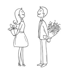 Romantic scene with cartoon characters - man giving flowers to a woman. Lady giving gift box to a boyfriend. Exchange of gifts between partners. Doodle hand drawn vector isolated on white.