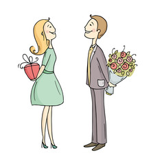 Romantic scene with cartoon characters - man giving flowers to a woman. Lady giving gift box to a boyfriend. Exchange of gifts between partners. Doodle hand drawn vector isolated on white.