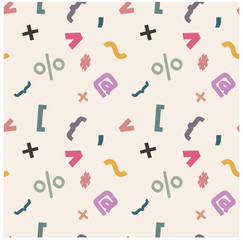 Fototapeta na wymiar Seamless pattern with signs, comma, brackets, hashtag, point, interest, at sign.