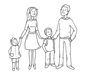Sketch cartoon happy family standing together. Cute doodle characters - father, mother, son and daughter. Hand drawn vector illustration isolated on white background.