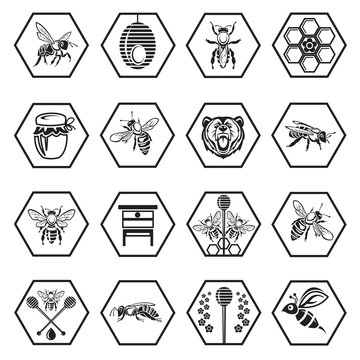 monochrome set of icons with bees and honey