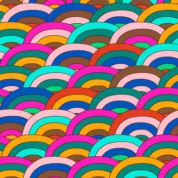 Endess bright background. Decorative psychedelic geometric pattern with doodle circles. Seamless pattern can be used for wallpaper, surface textures. Hand-drawn vector illustration.