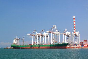Transportation, cargo ship and containers with large crane at  h