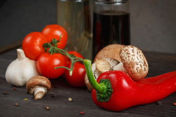 oil and balsamic vinegar with vegetables