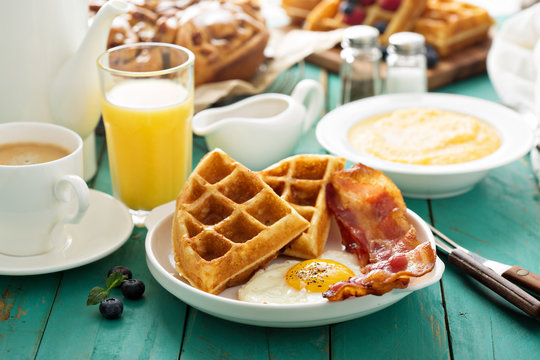 Southern cuisine breakfast with waffles