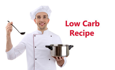 Chef Holding ladle and saucepan isolated on white and Low-Carb Recipe text