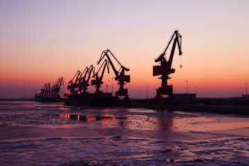 Obraz premium In the evening, the silhouette of port cranes